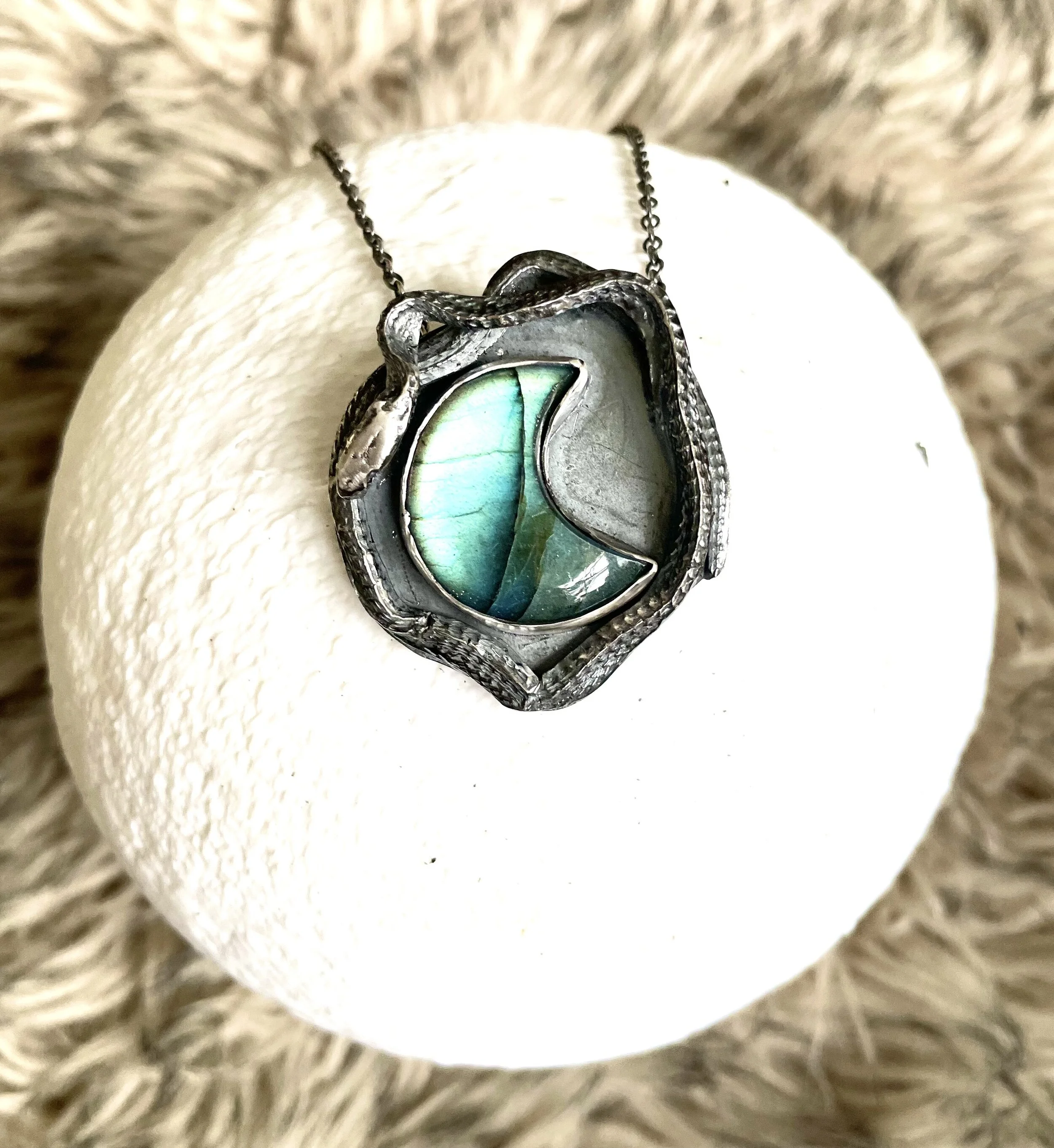 Medea Snake and Crescent Moon Green Labradorite Pendant — Eilisain